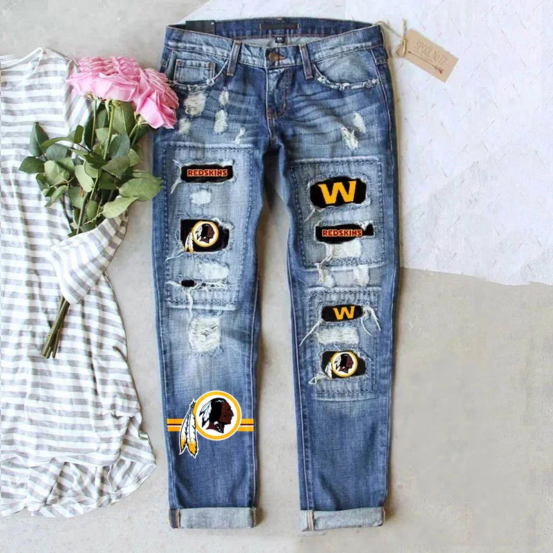 Casual fashion perforated printed jeans-Washington Commanders - fitnfan