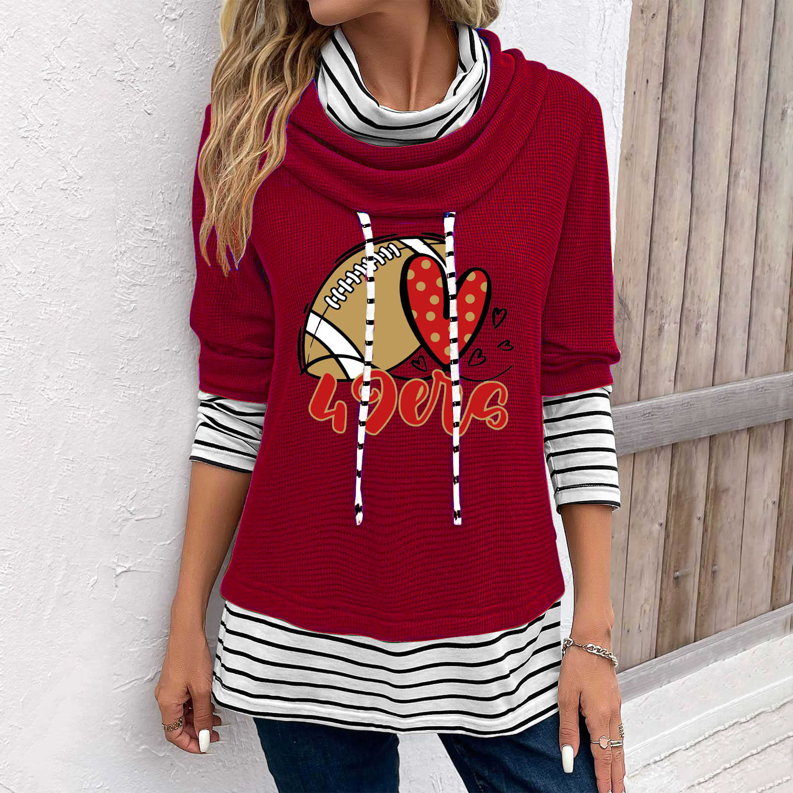 Patchwork Striped Cowl Neck Long Sleeve Sweatshirt - fitnfan