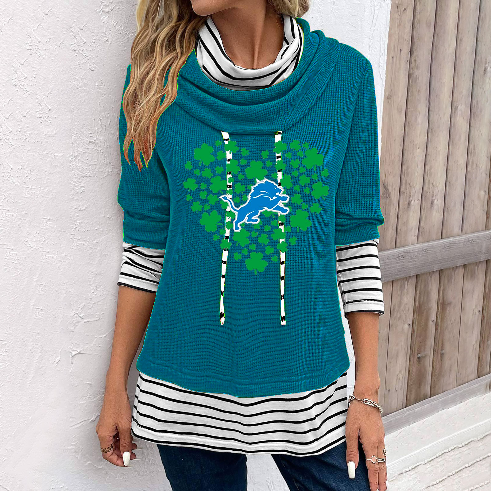 Patchwork Striped Cowl Neck Long Sleeve Sweatshirt-Detroit Lions - fitnfan