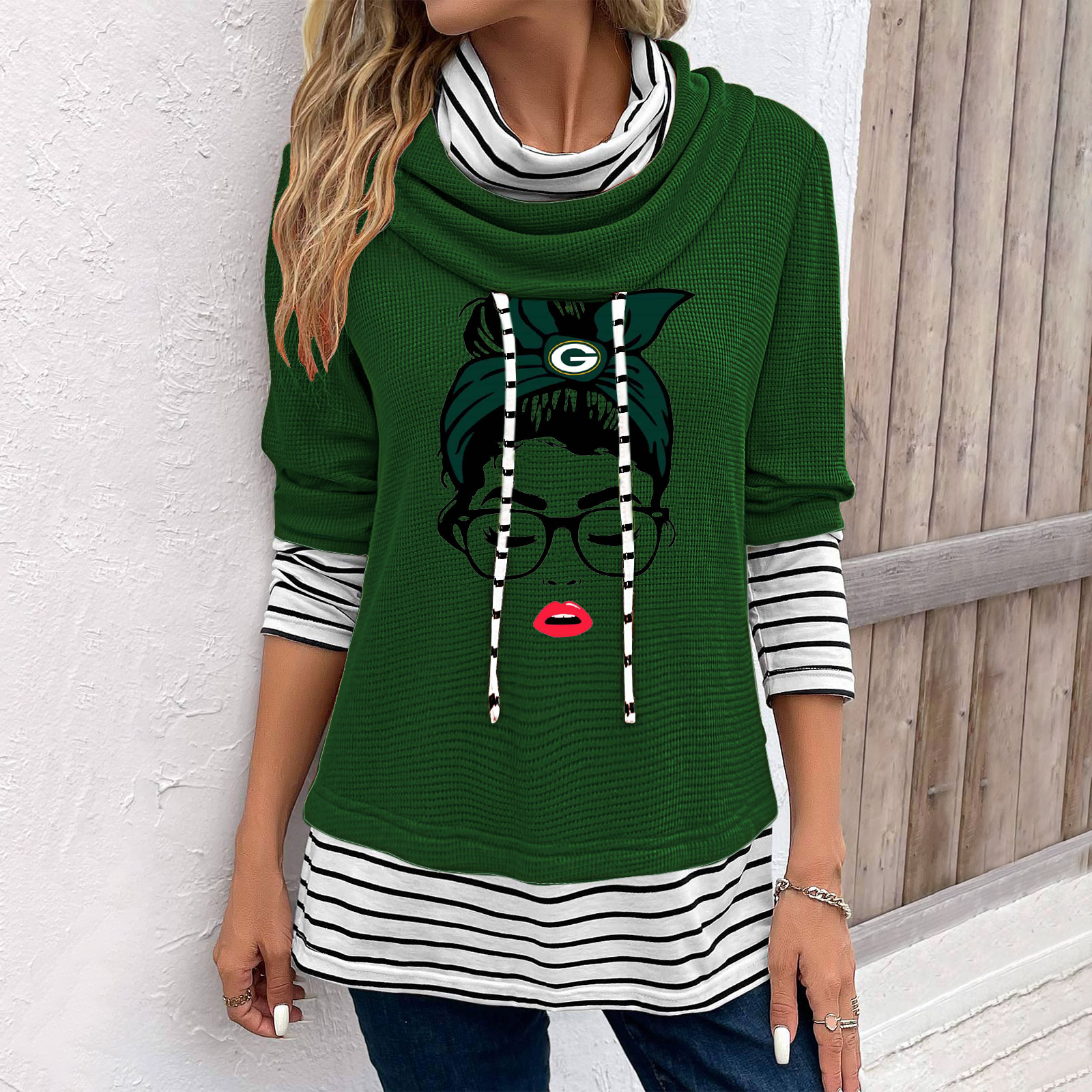 Patchwork Striped Cowl Neck Long Sleeve Sweatshirt - fitnfan