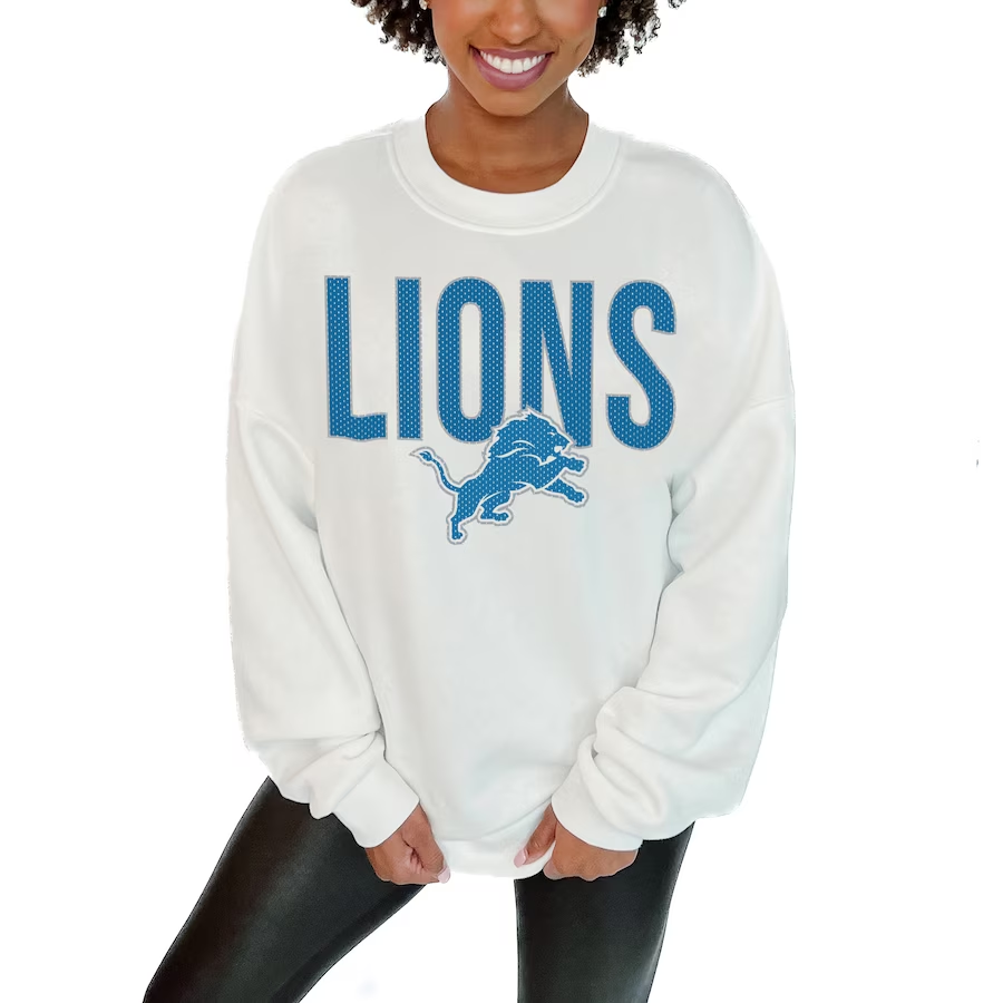 Women's Detroit Lions Gameday Couture White Just Go With It Oversized Long Sleeve Crewneck Sweatshirt-Detroit Lions - fitnfan