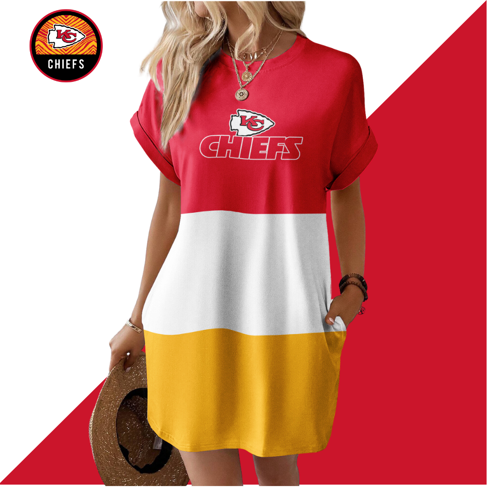 Kansas City Chiefs Solid Hidden Pocket Batwing Sleeve Tee Dress - fitnfan