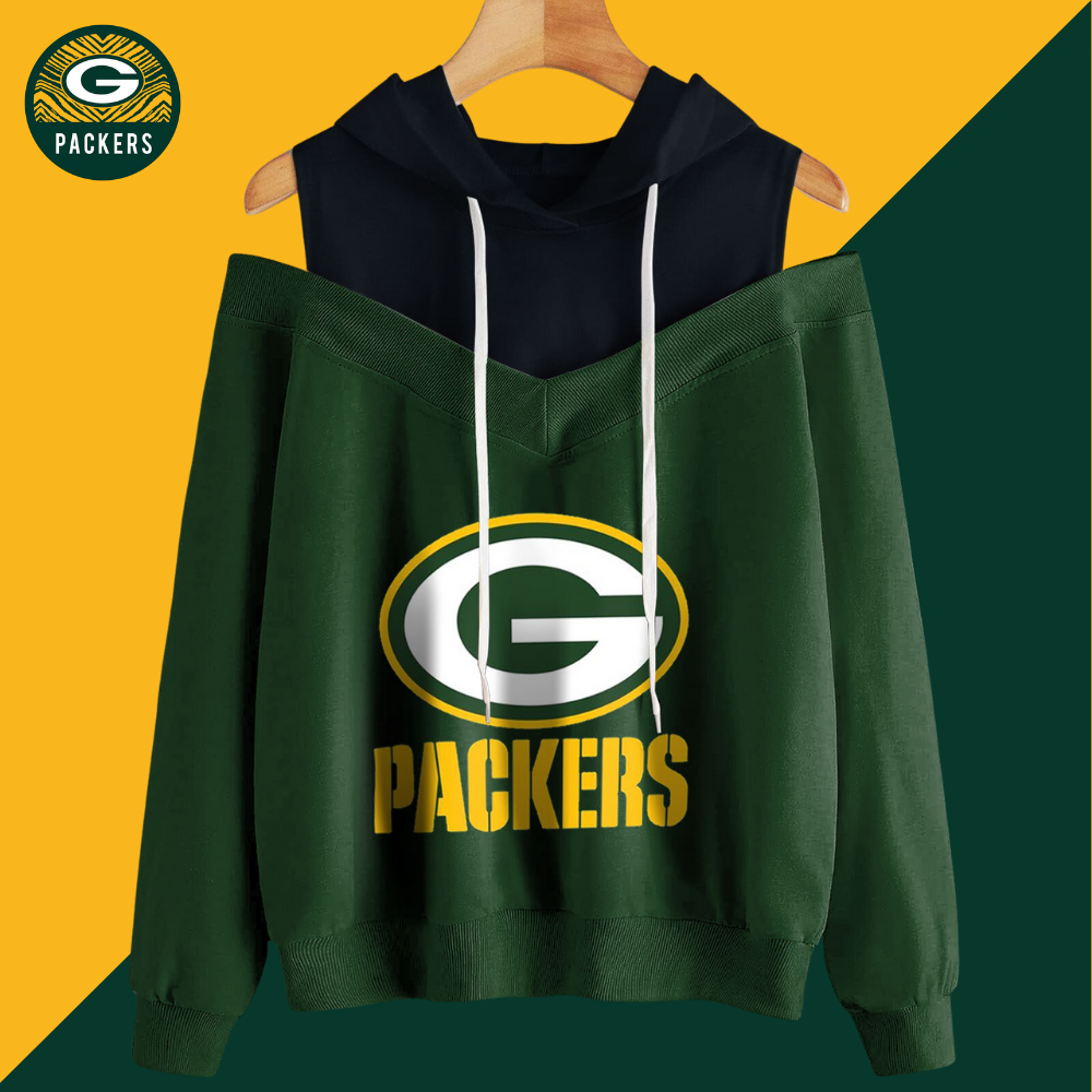 2 In 1 Colorblock Cold Shoulder Hoodie-Green Bay Packers - fitnfan