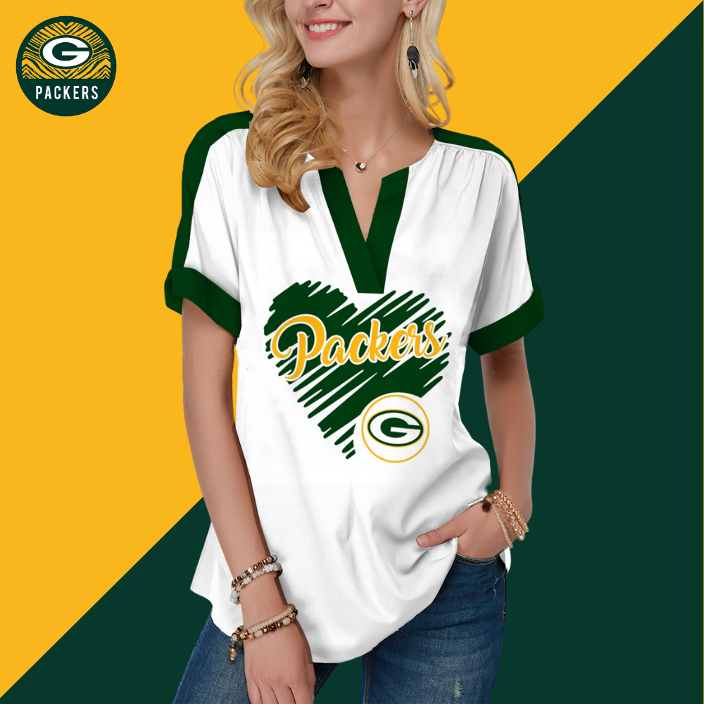 New  Fashion Short Sleeve V-Neck Shirt-Green Bay Packers - fitnfan