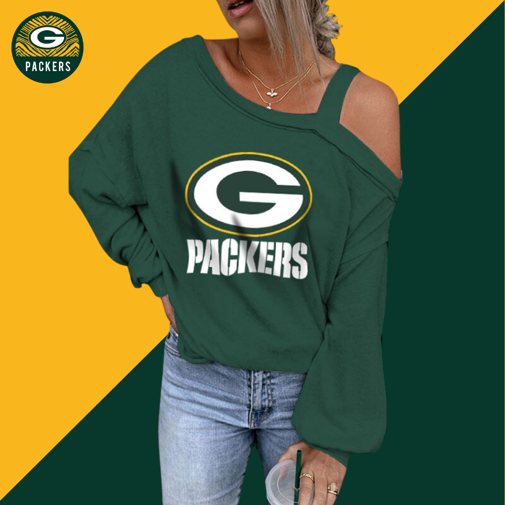 ASYMMETRICAL NECK SHIFT Casual LONG SLEEVE TOP-Green Bay Packers - fitnfan