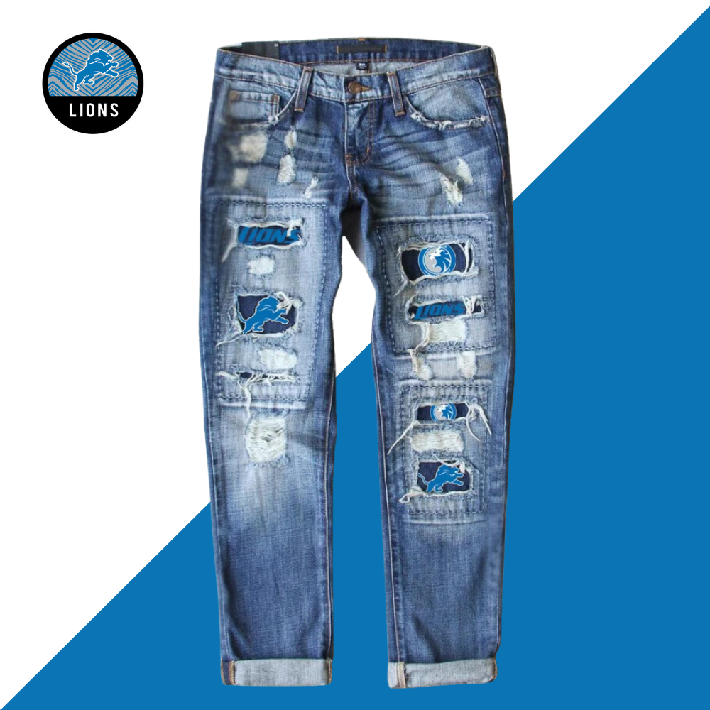 Casual fashion perforated printed jeans-Detroit Lions - fitnfan