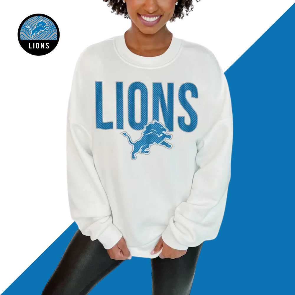 Women's Detroit Lions Gameday Couture White Just Go With It Oversized Long Sleeve Crewneck Sweatshirt-Detroit Lions - fitnfan