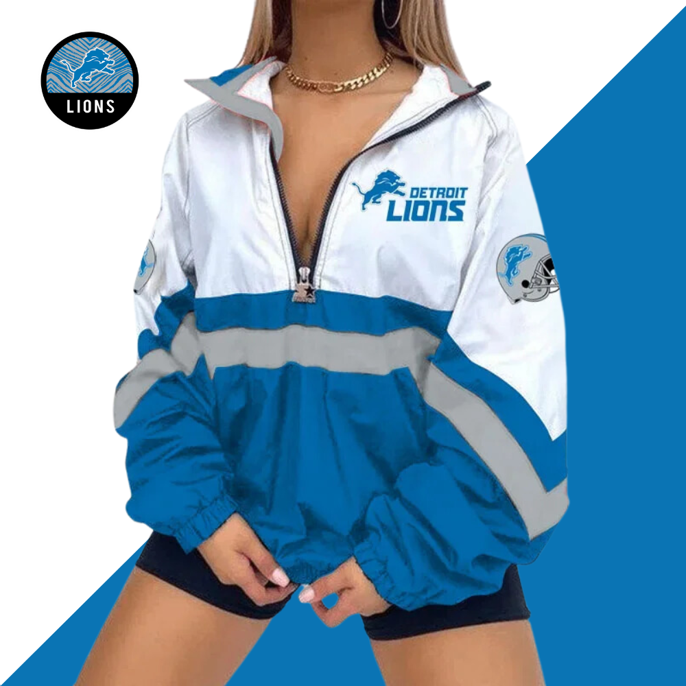 Women's Football Print V Neck Zipper Sweatshirt Jacket-Detroit Lions - fitnfan