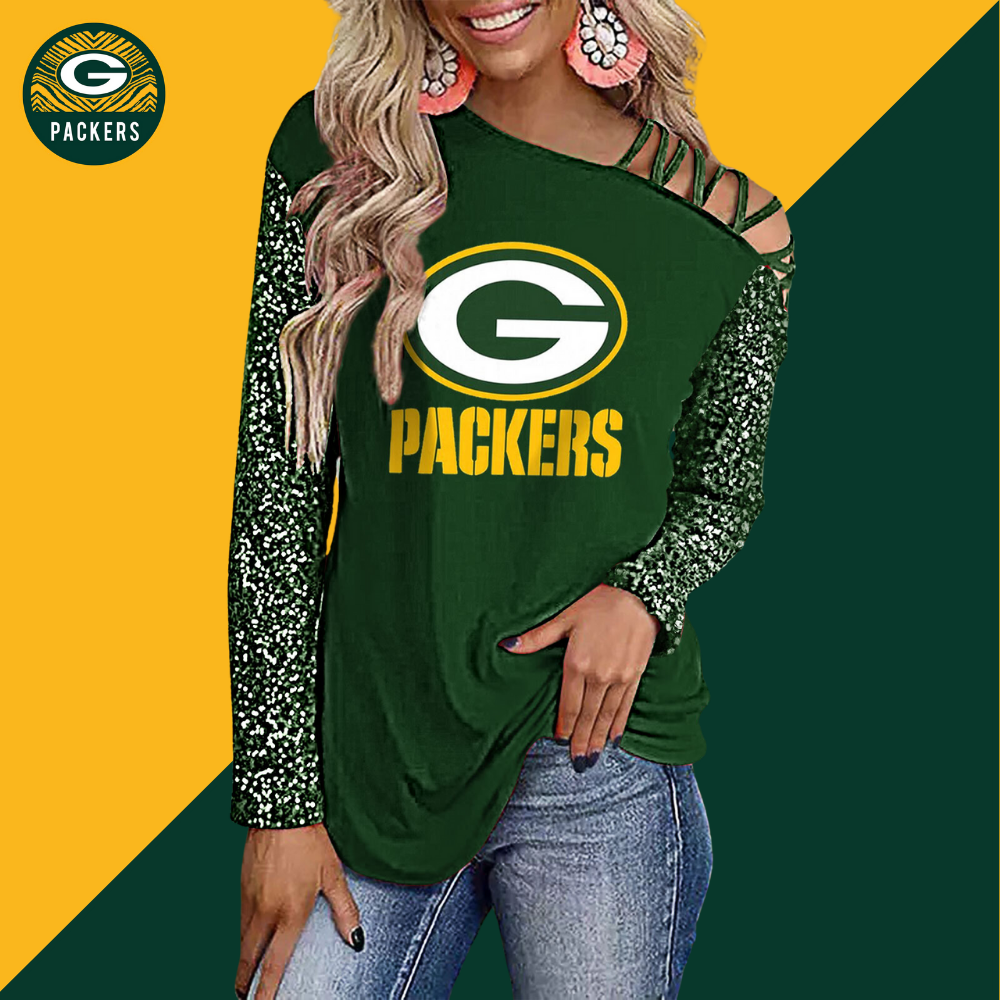 Color-Blocked Criss-Cross One Shoulder Blouse-Green Bay Packers - fitnfan