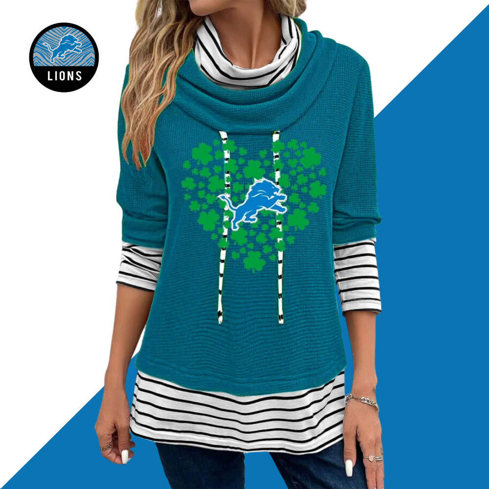 Patchwork Striped Cowl Neck Long Sleeve Sweatshirt-Detroit Lions - fitnfan