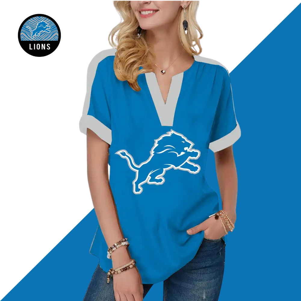 NewFashion Short Sleeve V-Neck Shirt-Detroit Lions - fitnfan