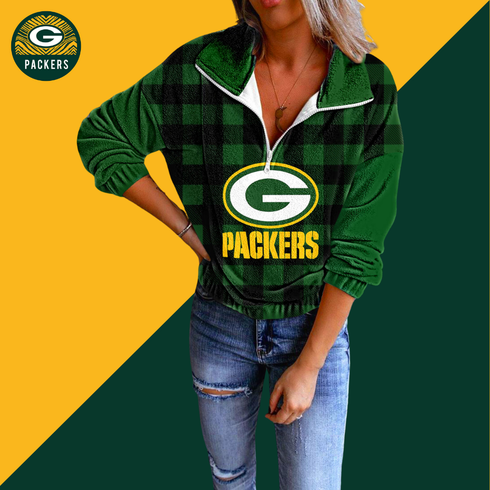 Unisex Plaid Quarter Zip Sweatshirt-Green Bay Packers - fitnfan
