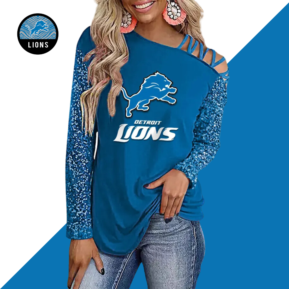 Color-Blocked Criss-Cross One Shoulder Blouse-Detroit Lions - fitnfan
