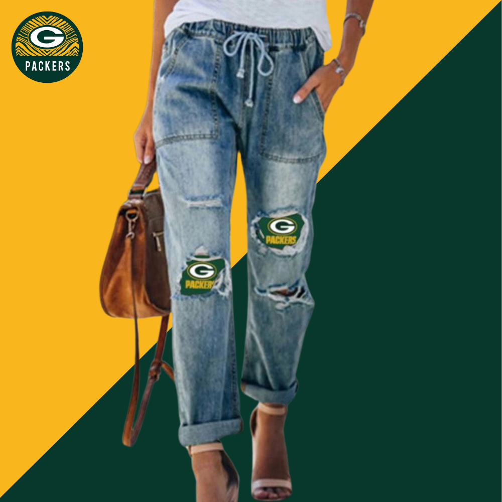 Casual fashion perforated printed jeans-Green Bay Packers - fitnfan