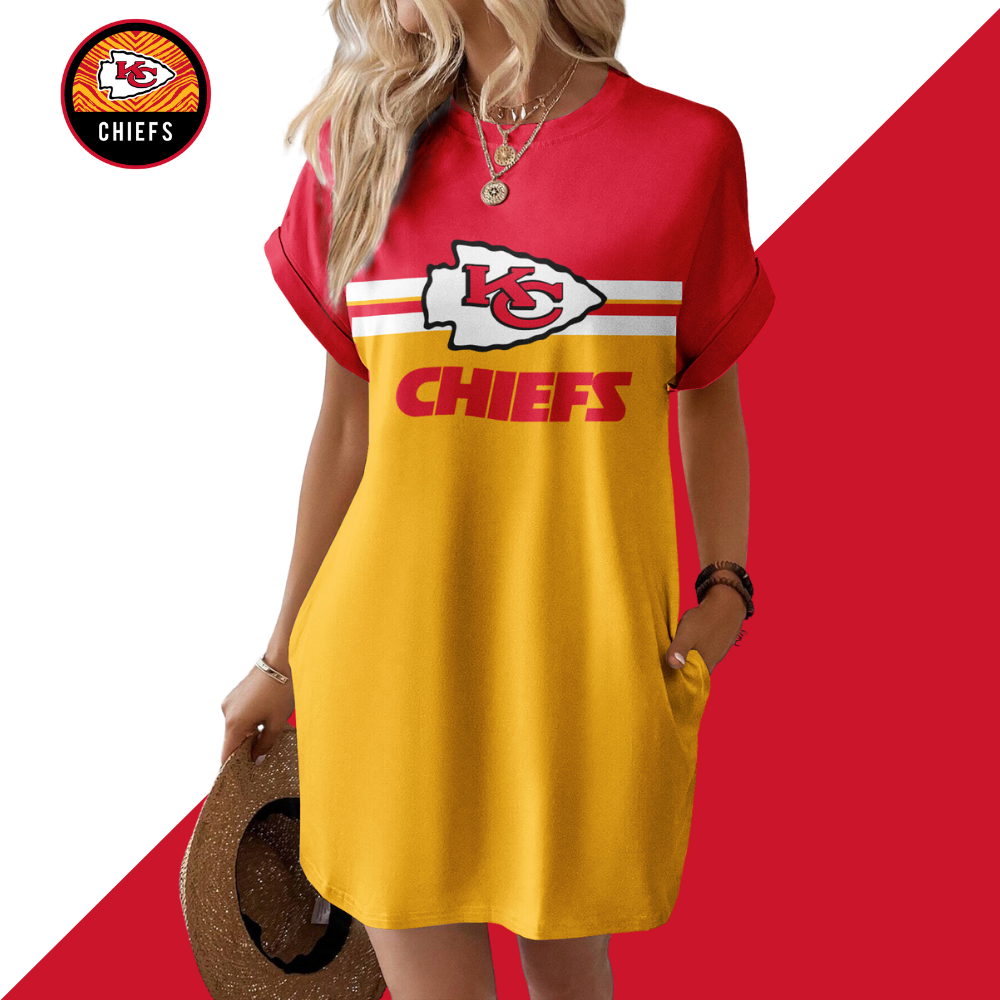 Kansas City Chiefs Solid Hidden Pocket Batwing Sleeve Tee Dress - fitnfan