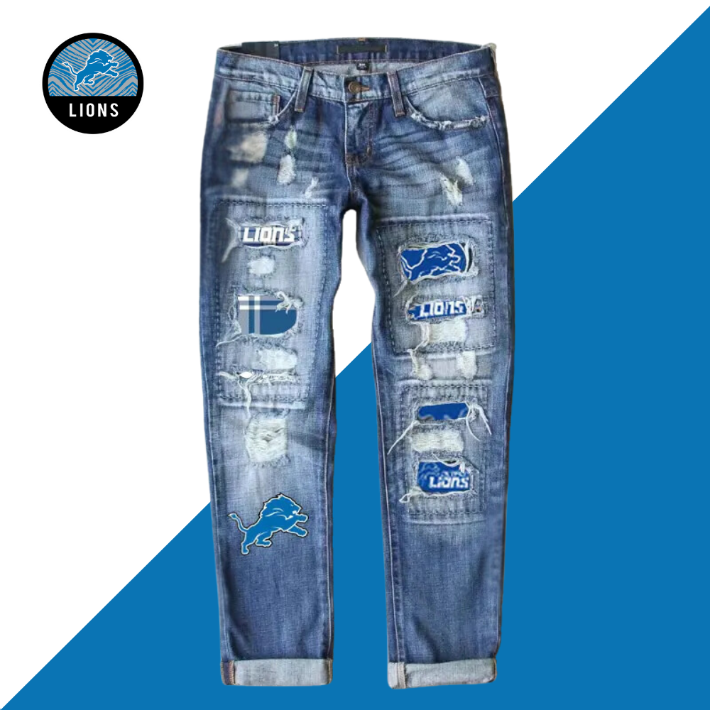Casual fashion perforated printed jeans-Detroit Lions - fitnfan