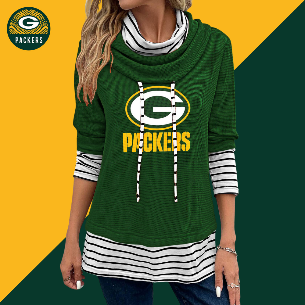 Patchwork Striped Cowl Neck Long Sleeve Sweatshirt-Green Bay Packers - fitnfan