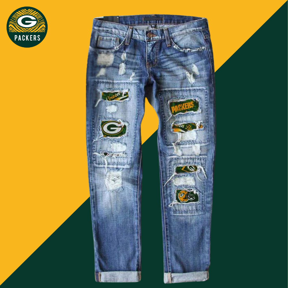 Casual fashion perforated printed jeans-Green Bay Packers - fitnfan