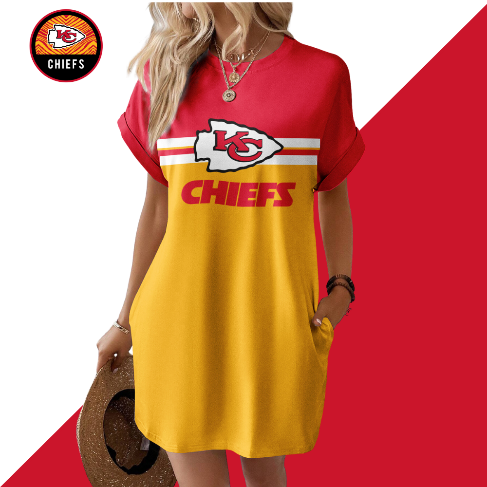 Kansas City Chiefs Solid Hidden Pocket Batwing Sleeve Tee Dress - fitnfan