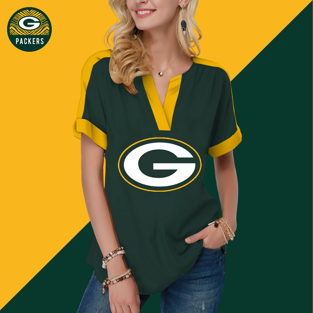 New  Fashion Short Sleeve V-Neck Shirt-Green Bay Packers - fitnfan