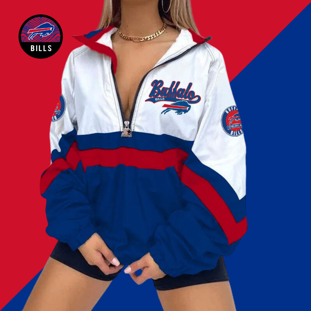Women's Football Print V Neck Zipper Sweatshirt Jacket-Buffalo Bills - fitnfan