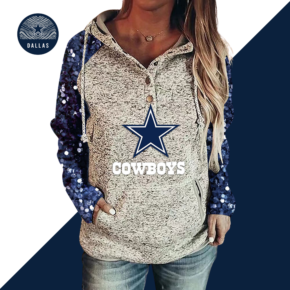 Casual Sequined Sleeves Loose Stitched Print Hoodie-Dallas Cowboys - fitnfan