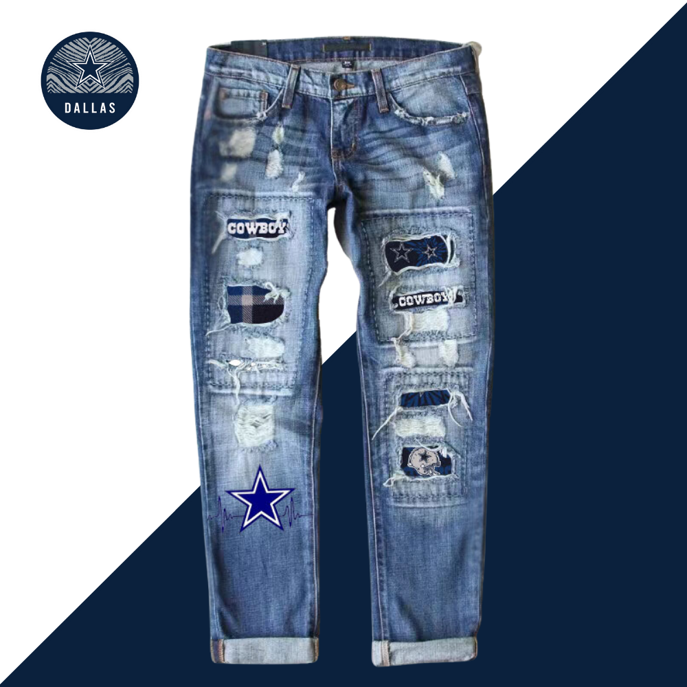 Casual fashion perforated printed jeans-Dallas Cowboys - fitnfan