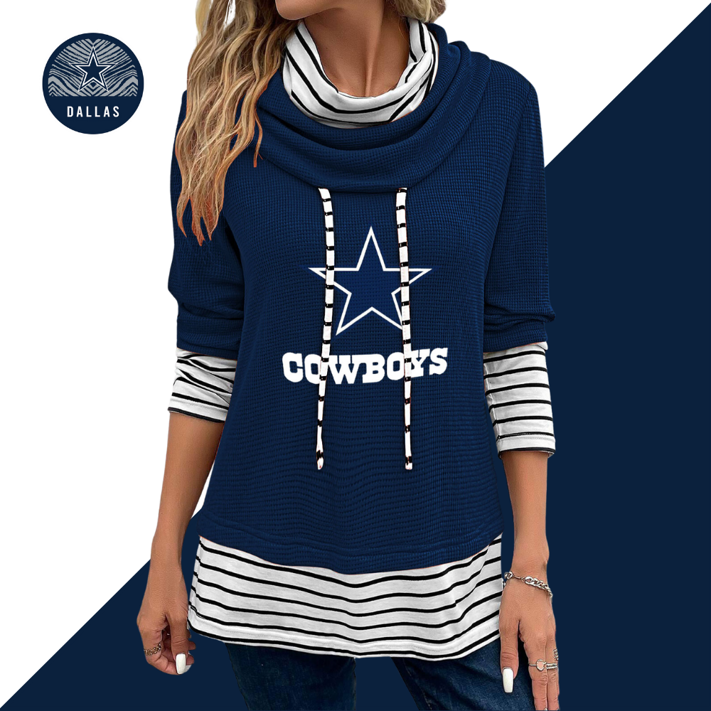 Patchwork Striped Cowl Neck Long Sleeve Sweatshirt-Dallas Cowboys - fitnfan