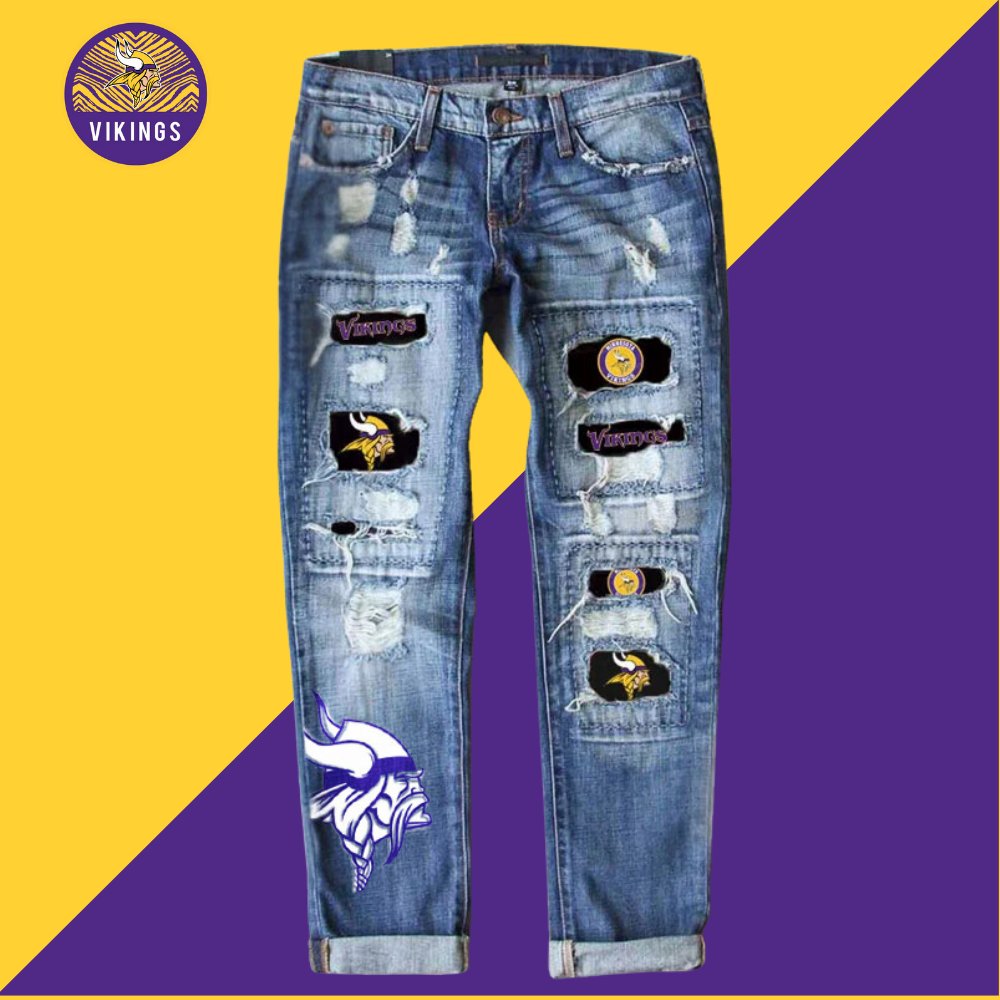 Casual Fashion Perforated Printed Jeans-Minnesota Vikings - fitnfan