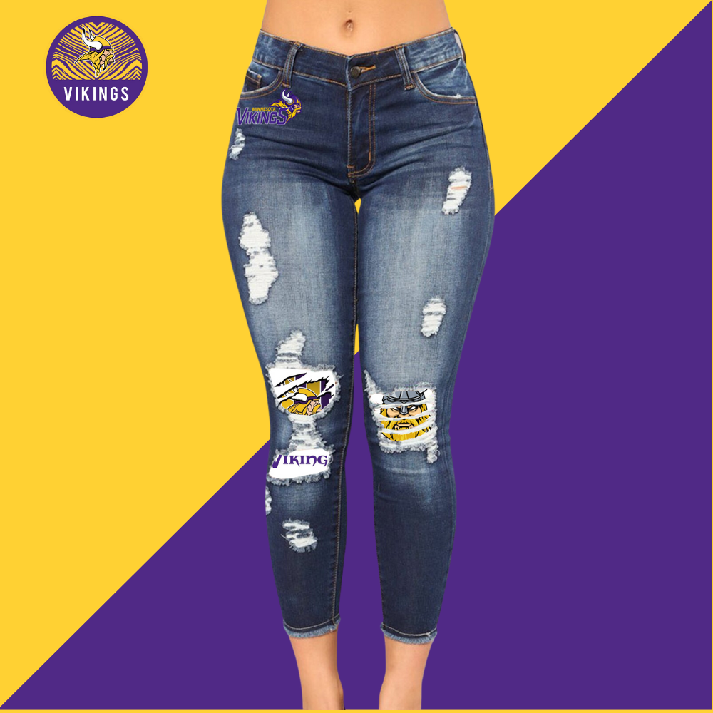 Casual fashion perforated printed jeans-Minnesota Vikings - fitnfan