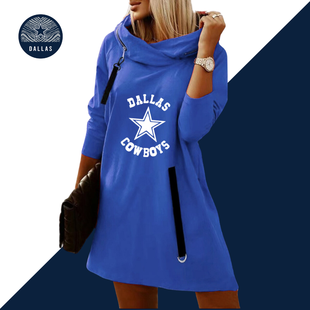 Women's Cowl Neck Zipper Hooded Sweatshirt-Dallas Cowboys - fitnfan