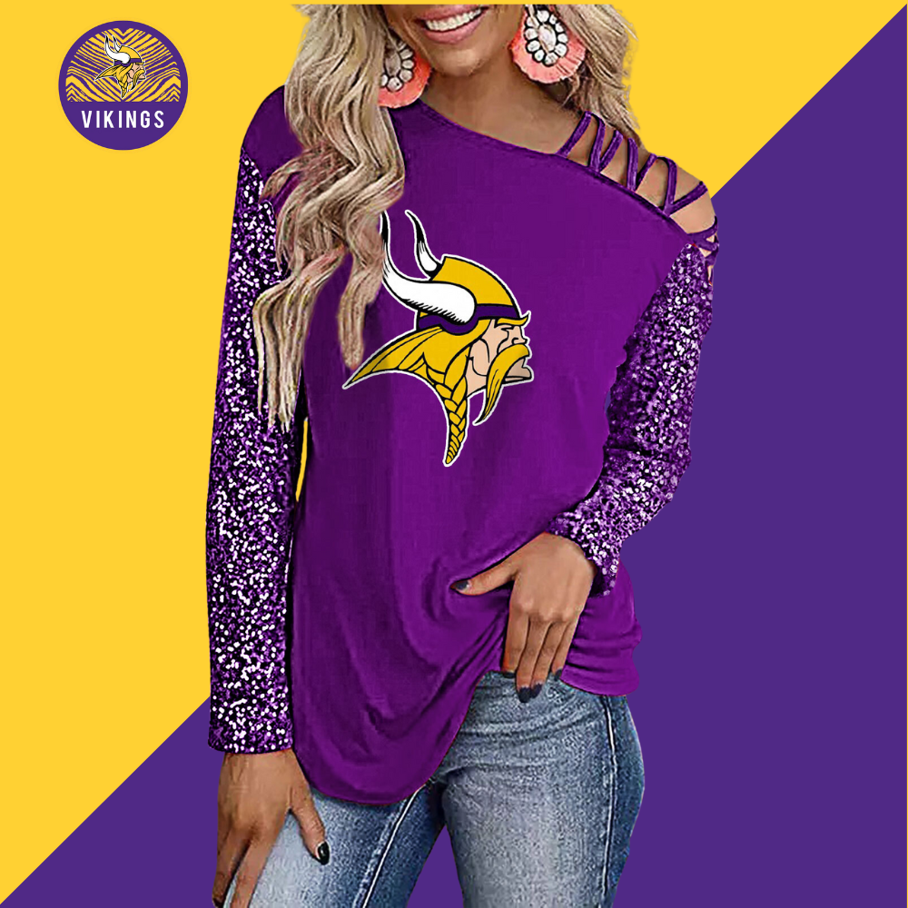 Color-Blocked Criss-Cross One Shoulder Blouse-Minnesota Vikings - fitnfan