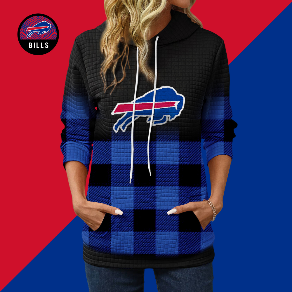 Gradient Patchwork Plaid Long Sleeve Hoodie-Buffalo Bills - fitnfan