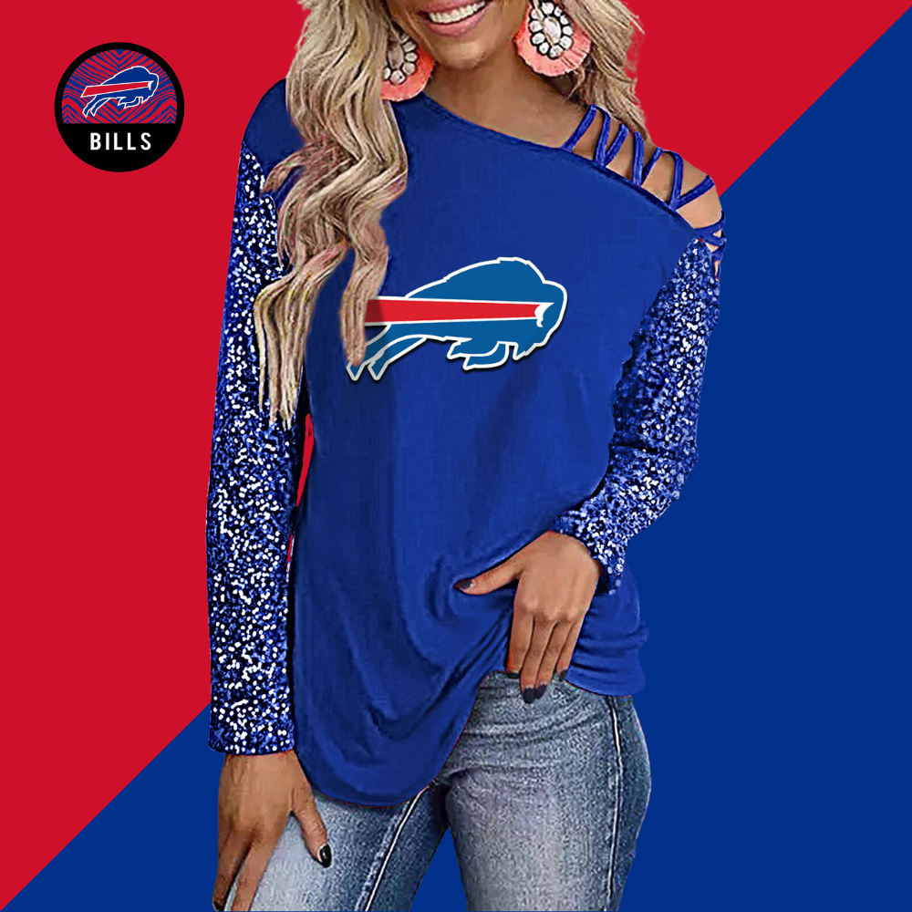 Color-Blocked Criss-Cross One Shoulder Blouse-Buffalo Bills - fitnfan
