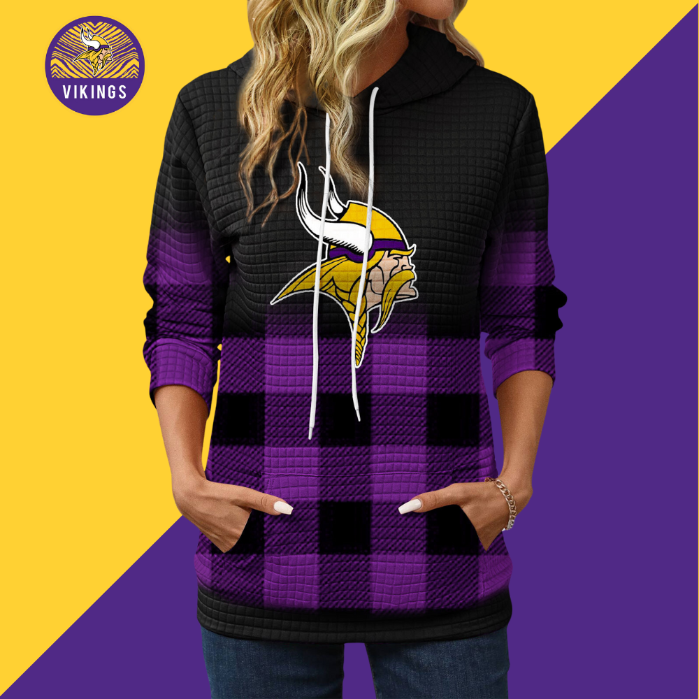 Gradient Patchwork Plaid Long Sleeve Hoodie-Minnesota Vikings - fitnfan