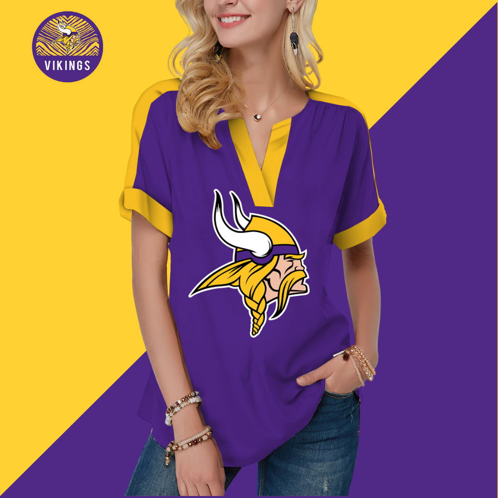 New  Fashion Short Sleeve V-Neck Shirt-Minnesota Vikings - fitnfan