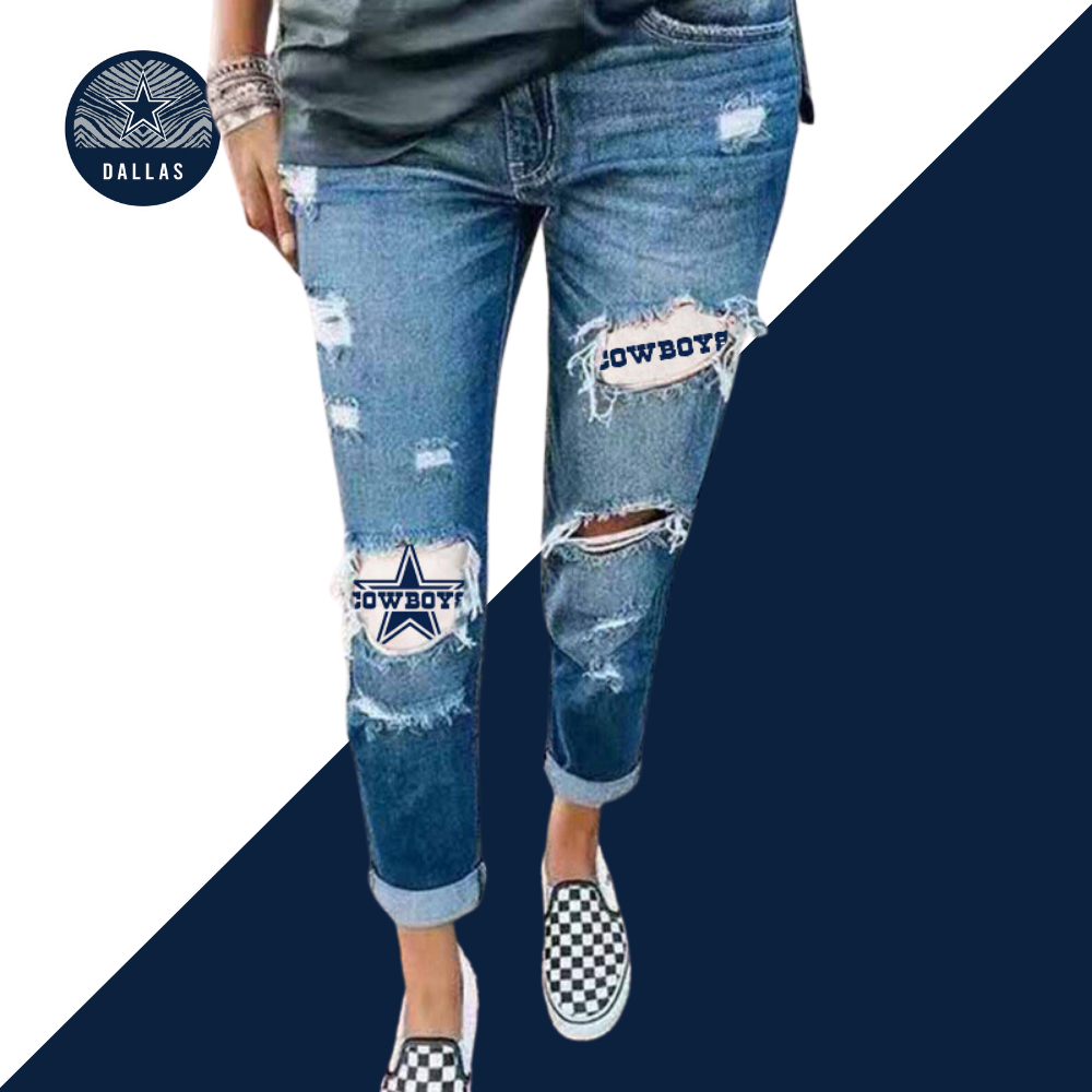 Casual fashion perforated printed jeans-Dallas Cowboys - fitnfan