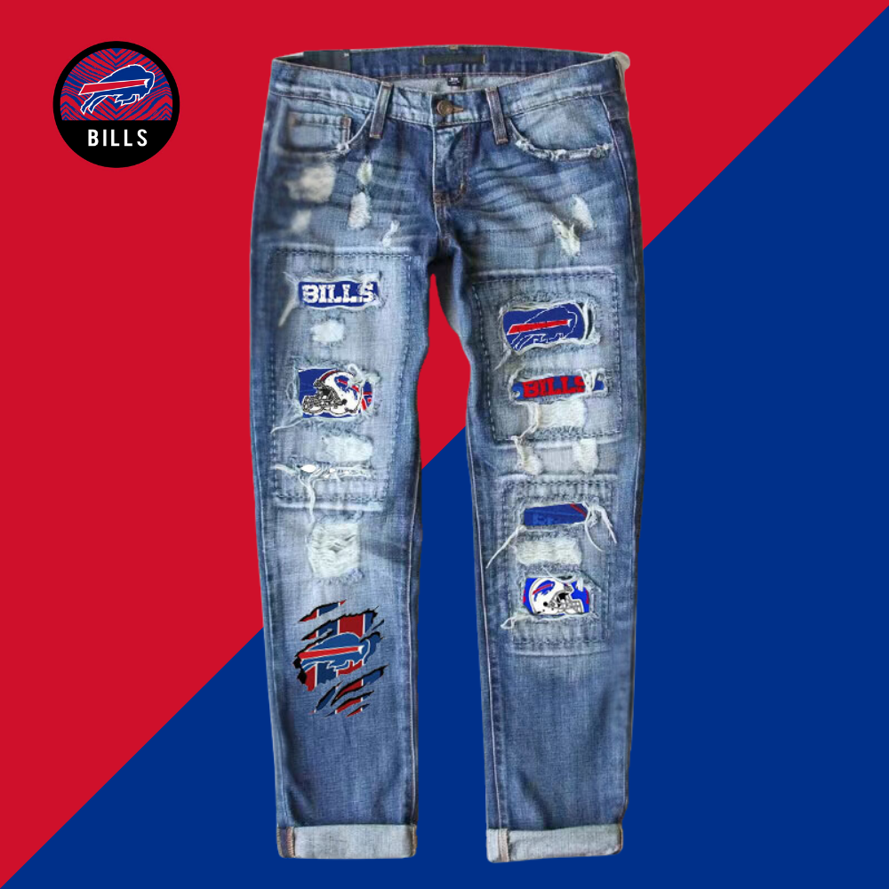 Casual fashion perforated printed jeans-Buffalo Bills - fitnfan