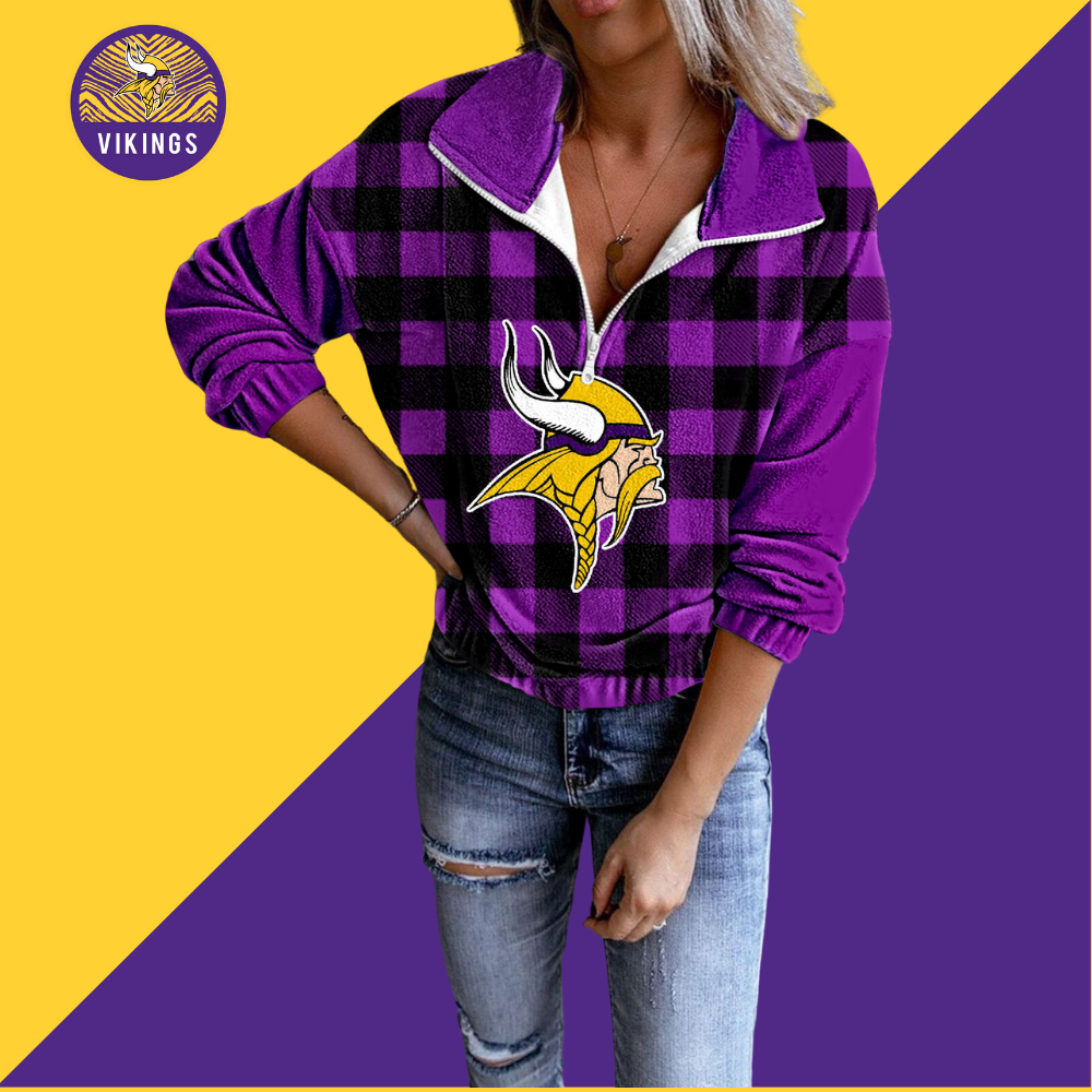 Unisex Plaid Quarter Zip Sweatshirt-Minnesota Vikings - fitnfan