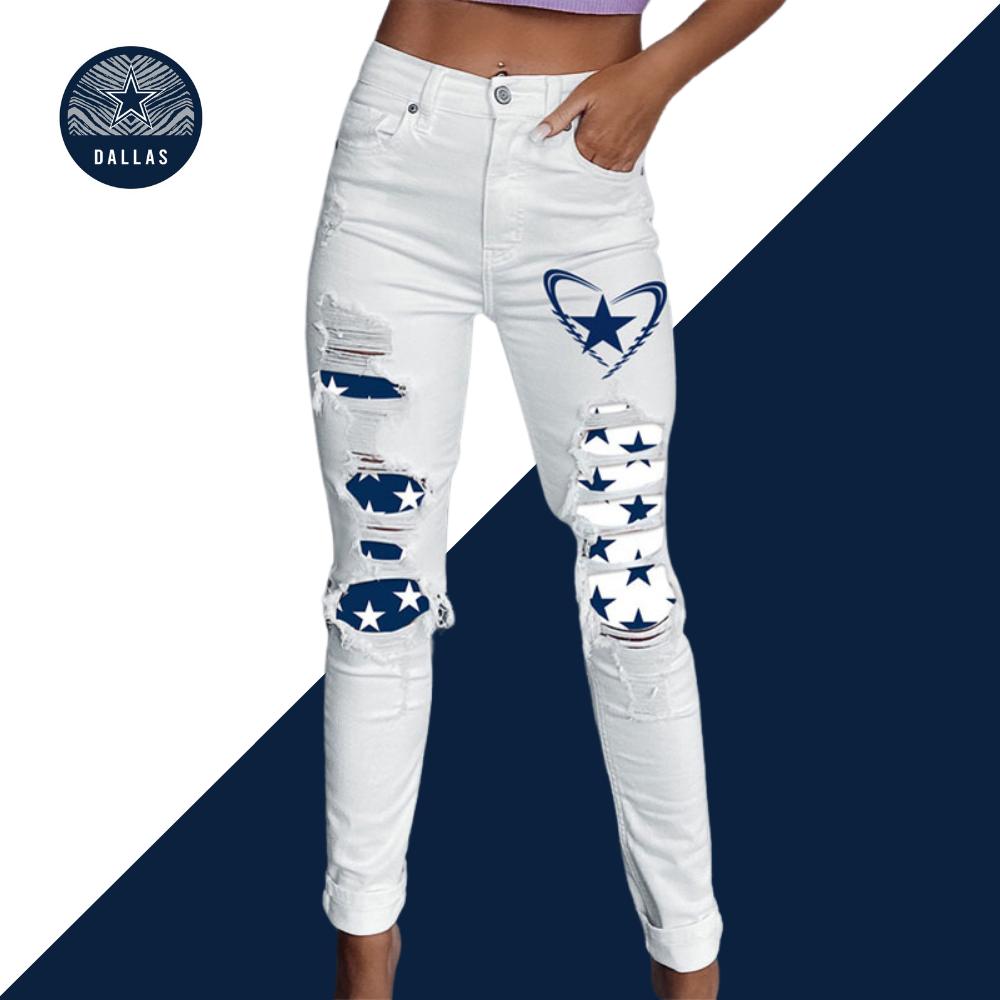 Casual fashion perforated printed jeans-Dallas Cowboys - fitnfan