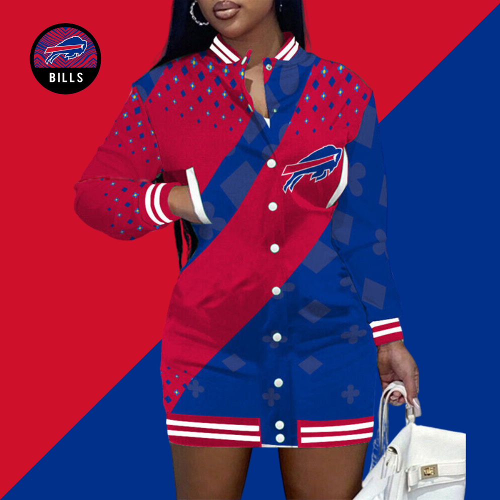 NewLimited Edition Button Down Long Sleeve Jacket Dress-Buffalo Bills - fitnfan