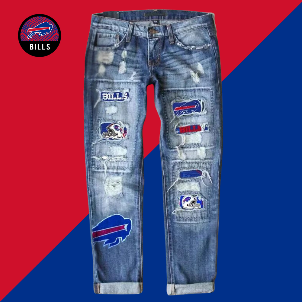 Casual fashion perforated printed jeans-Buffalo Bills - fitnfan