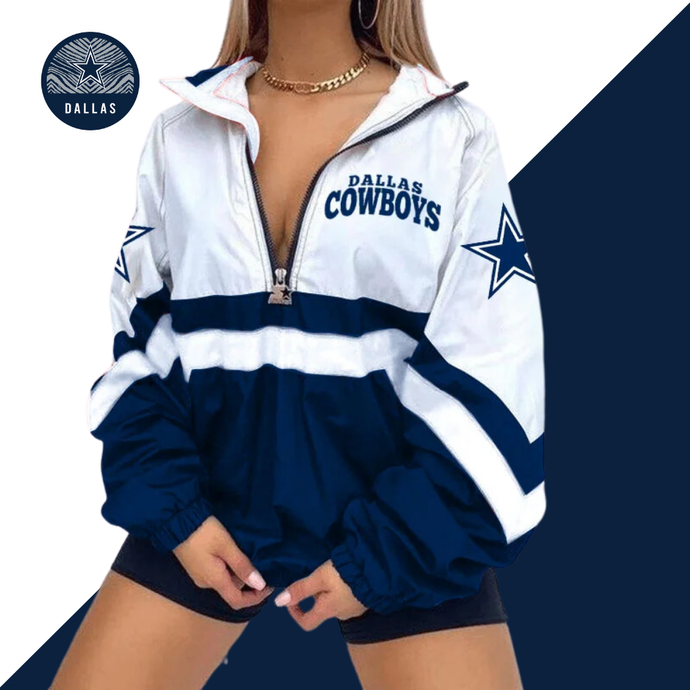 Women's Football Print V Neck Zipper Sweatshirt Jacket-Dallas Cowboys - fitnfan