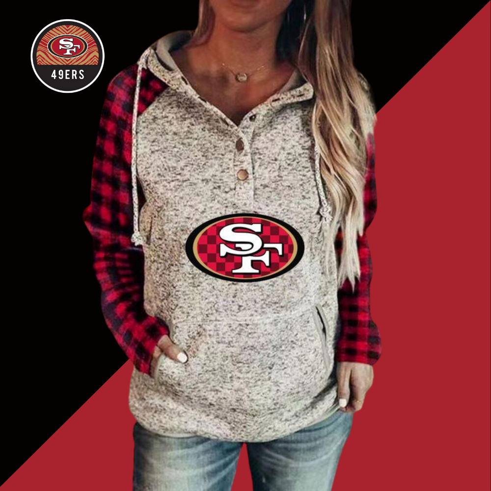 Casual Plaid stitched print Hoodie-San Francisco 49ers - fitnfan