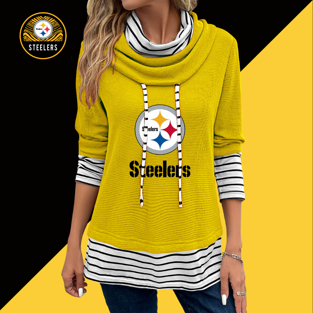 Patchwork Striped Cowl Neck Long Sleeve Sweatshirt-Pittsburgh Steelers - fitnfan