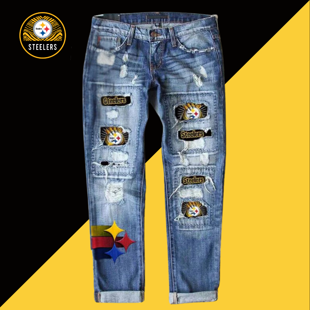 Casual fashion perforated printed jeans-Pittsburgh Steelers - fitnfan