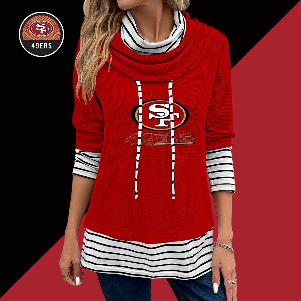 Patchwork Striped Cowl Neck Long Sleeve Sweatshirt-San Francisco 49ers - fitnfan