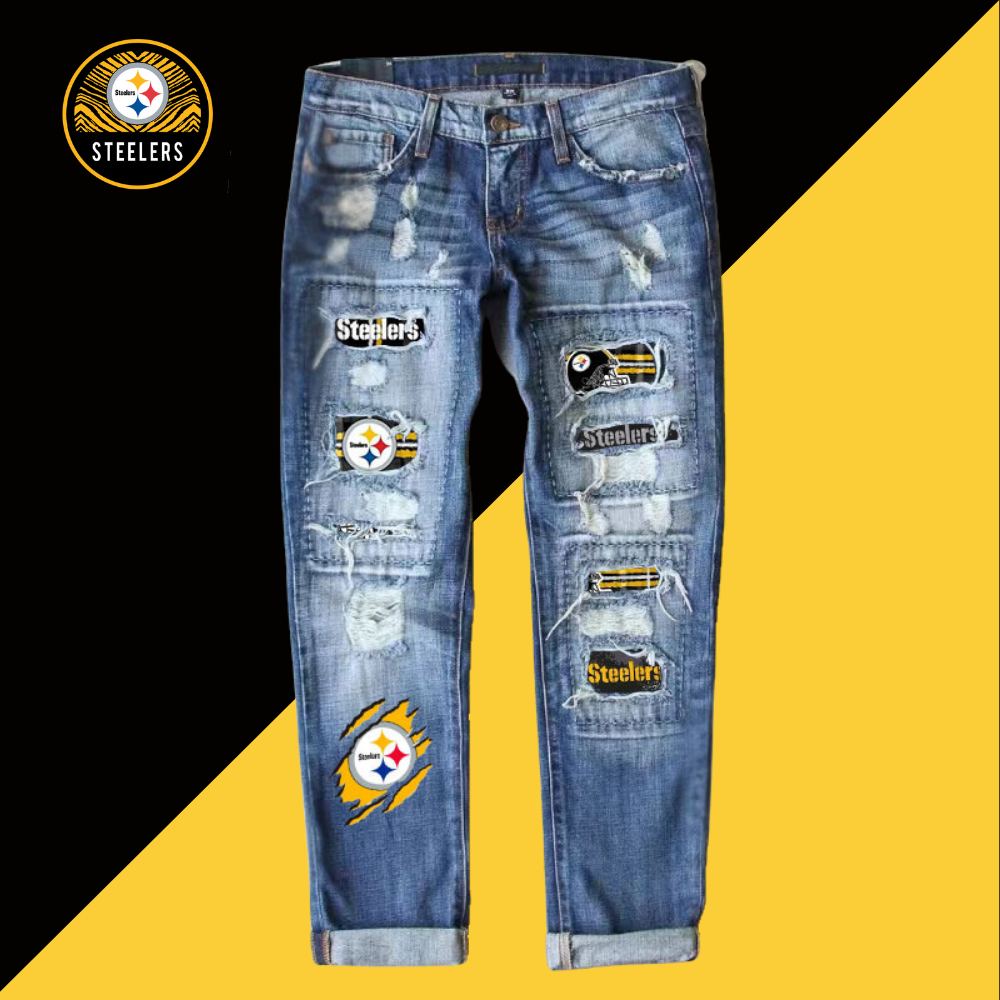 Casual fashion perforated printed jeans-Pittsburgh Steelers - fitnfan