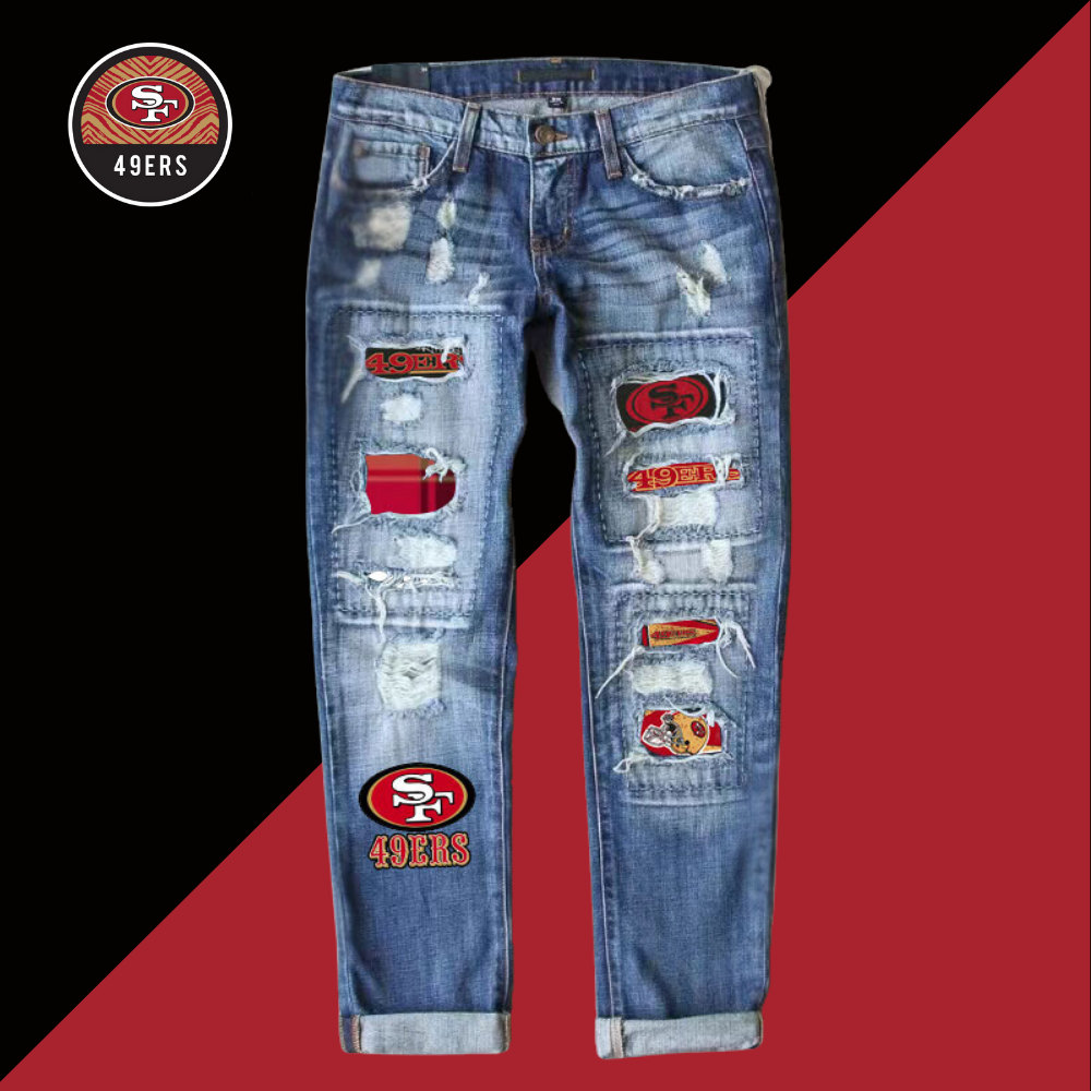 Casual fashion perforated printed jeans-San Francisco 49ers - fitnfan