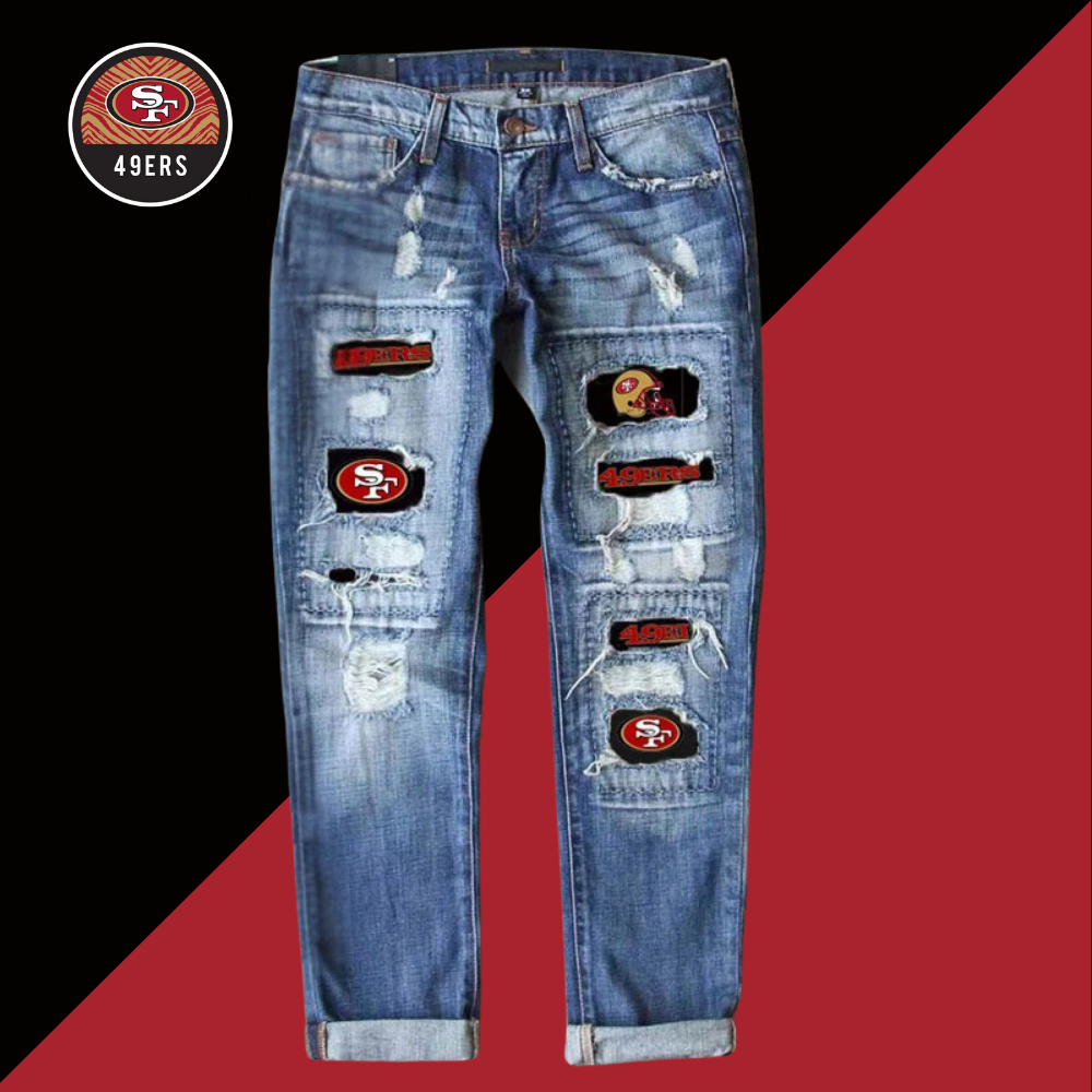 Casual fashion perforated printed jeans-San Francisco 49ers - fitnfan